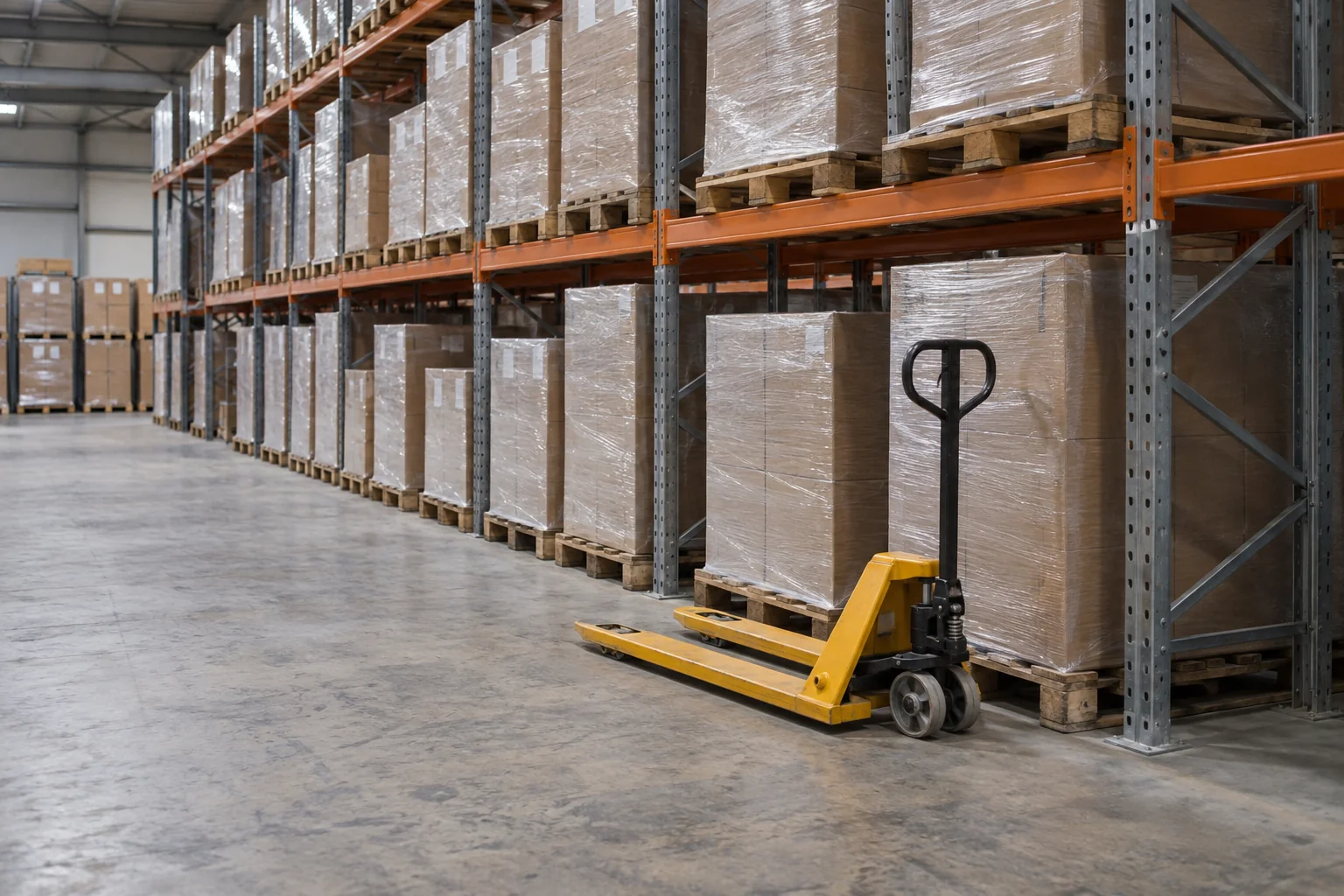 Organized warehouse pallet racks with wrapped cartons and a manual pallet jack