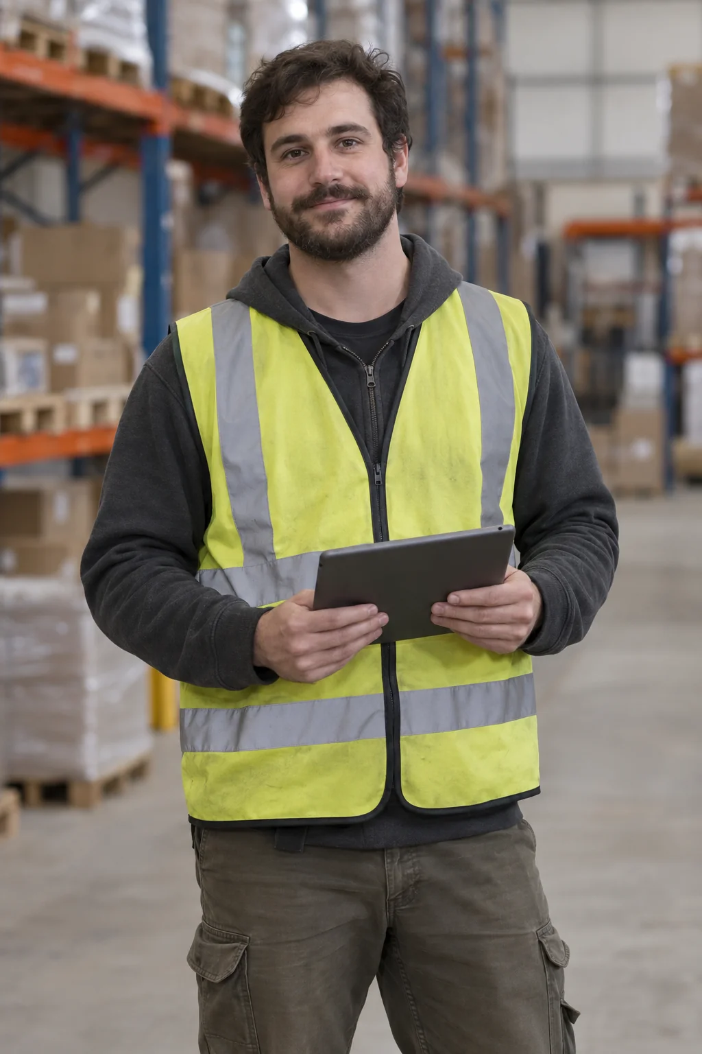 Fictional warehouse worker in a safety vest holding a tablet